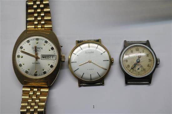 Ten assorted gentlemens wrist watches including, Baume, Roamer Avia and Junghans and a travelling watch.